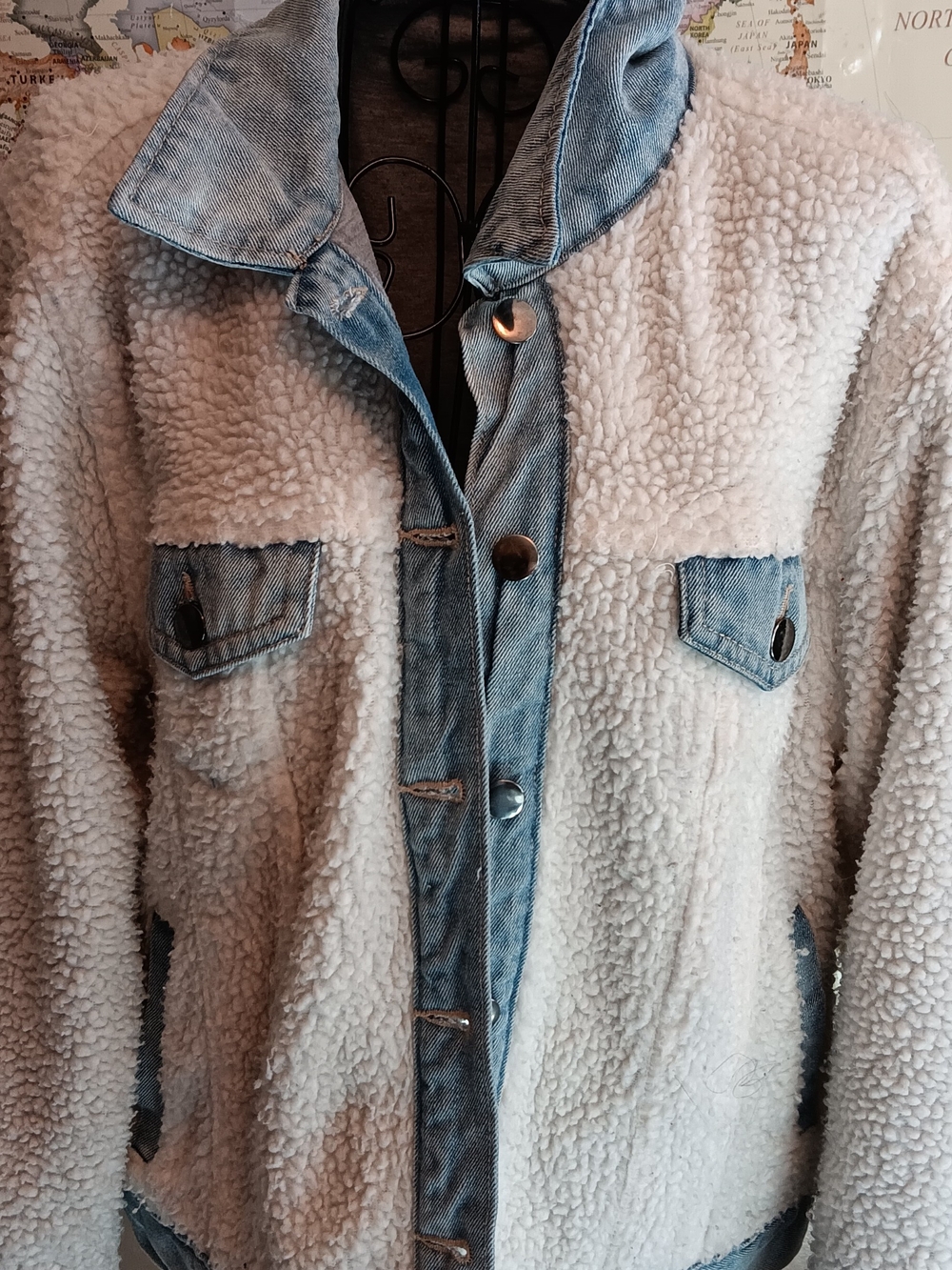 wild fable Cream Sherpa Jacket with Denim Trim